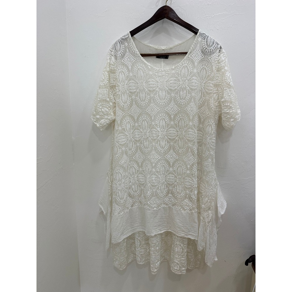 Cherishh Italy‎ White Cotton Eyelet Lace Tunic Top High Low Handkerchief Hem L